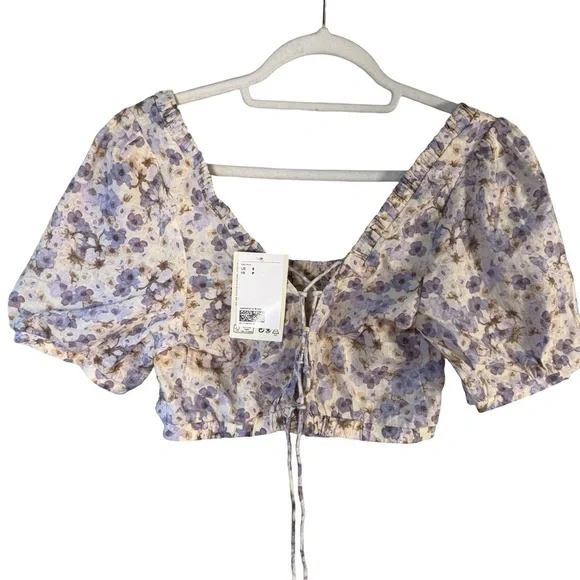 H&M Purple Floral Puff Sleeve Cropped Blouse Size S Cottagecore Boho Romantic - Picture 2 of 8